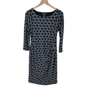 Lauren Ralph Lauren 10‎ Black White Geometric 3/4 Sleeve Jersey Stretch Dress